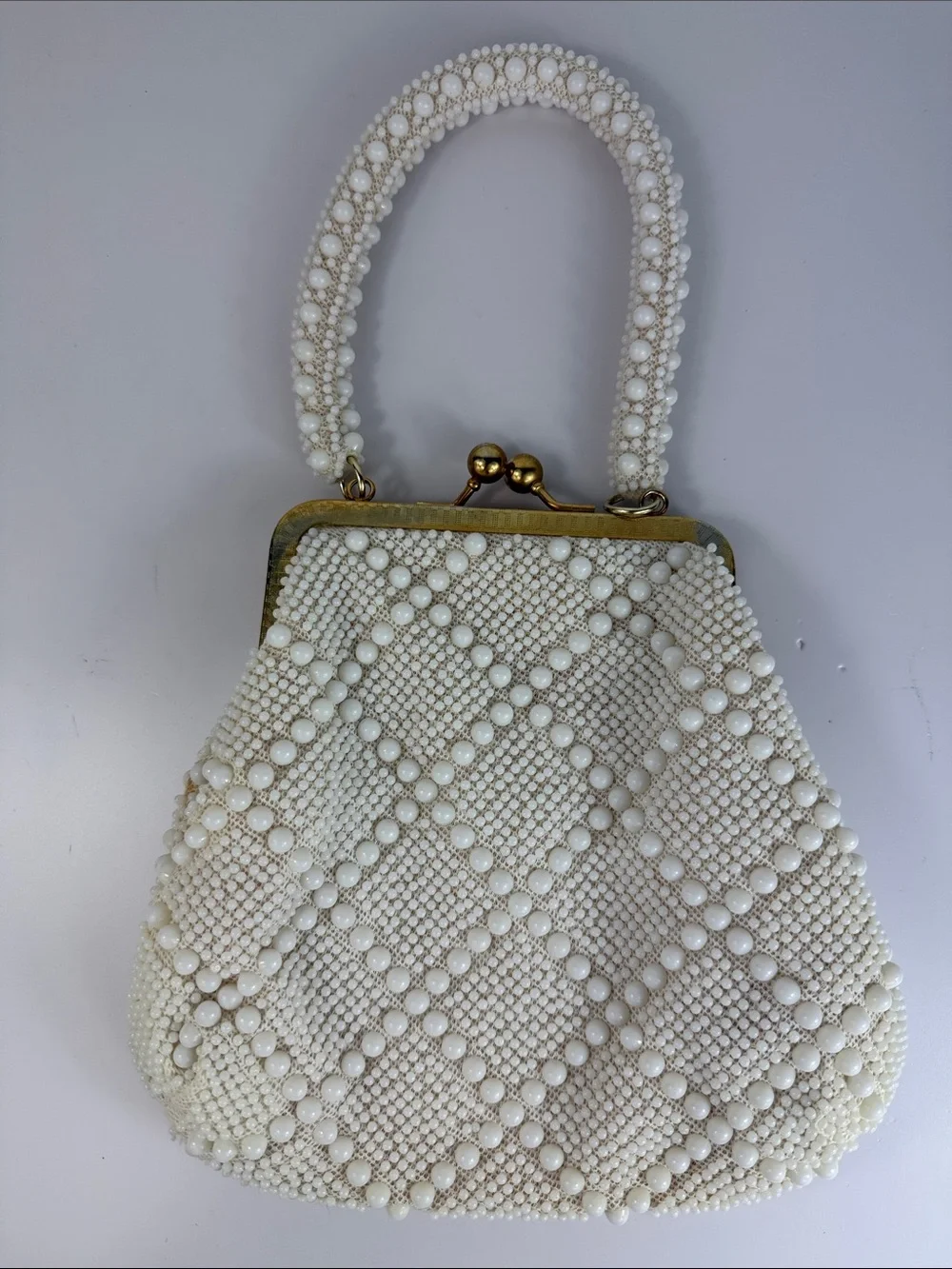 Vintage White Beaded Evening Bag Kiss Lock Bridal Handbag Hong Kong